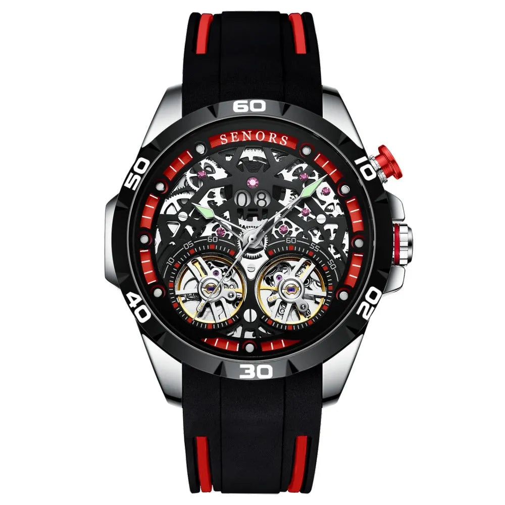 Men's automatic mechanical watch with luminous hollow skeleton dial in red colour option showing 14mm thick case
