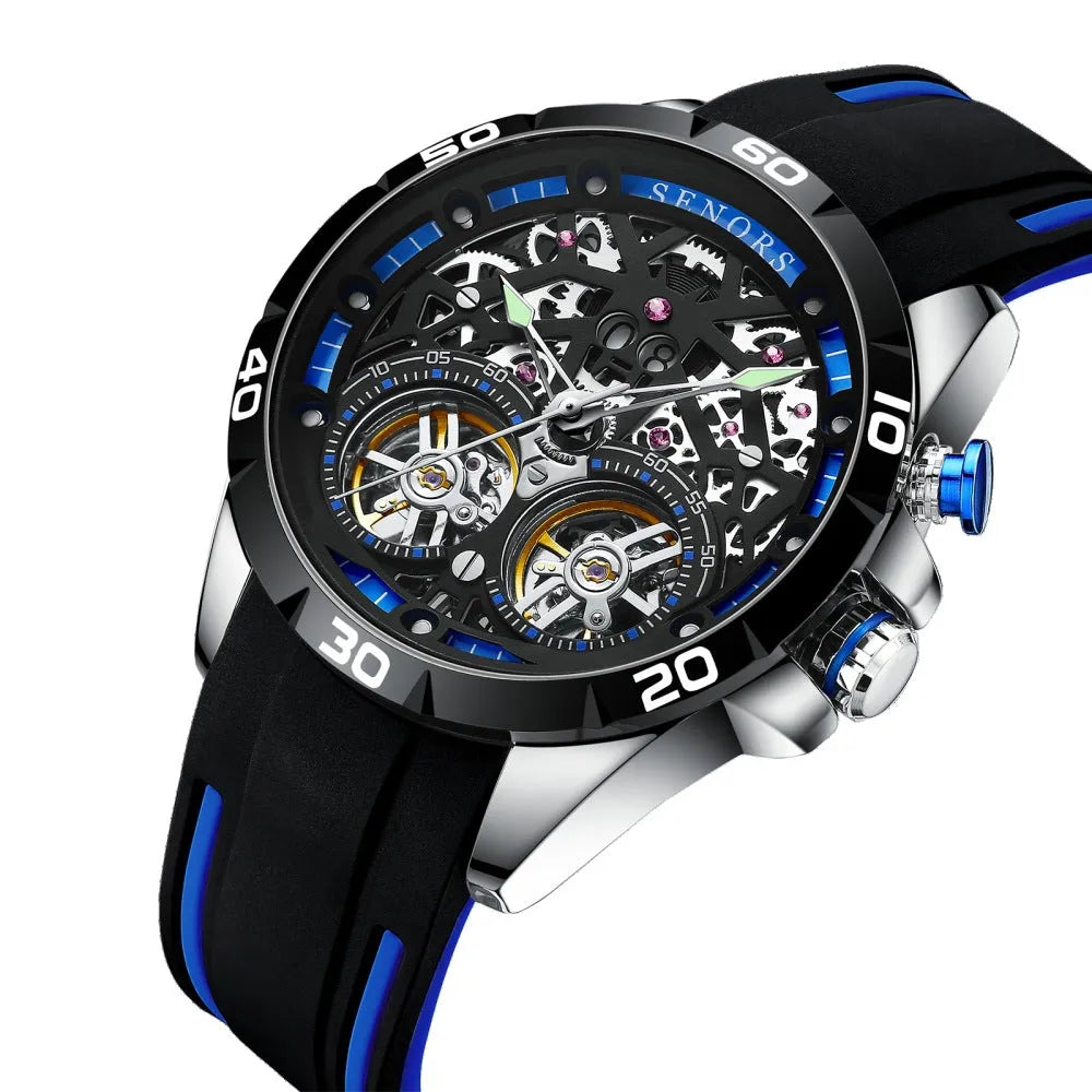 Men's automatic mechanical watch with luminous hollow skeleton dial in red colour option showing 14mm thick case