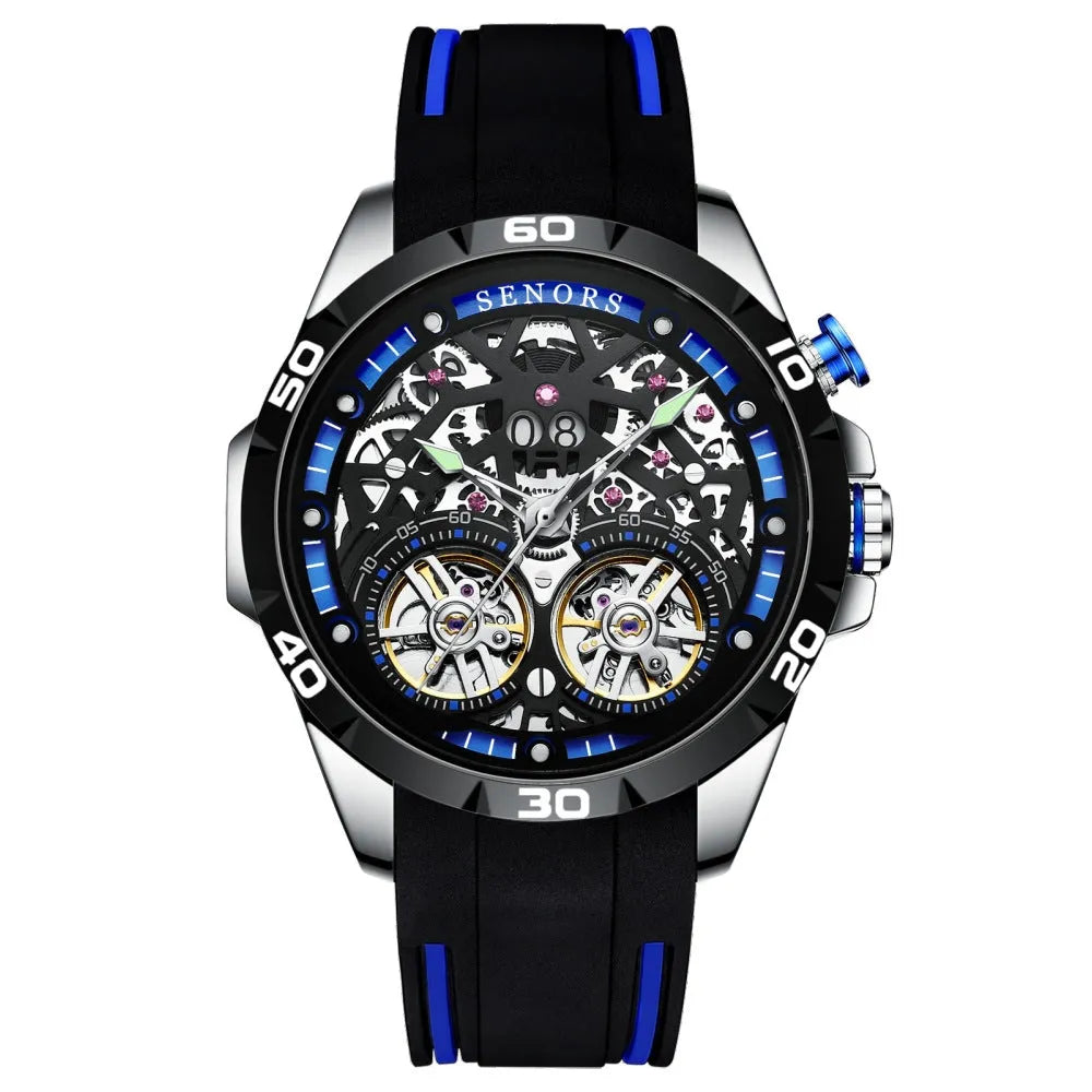 Men's automatic mechanical watch with luminous hollow skeleton dial in red colour option showing 14mm thick case
