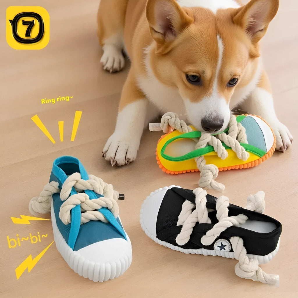 Slipper-shaped plastic dog chew toy with squeaker in yellow, black, or blue colour options