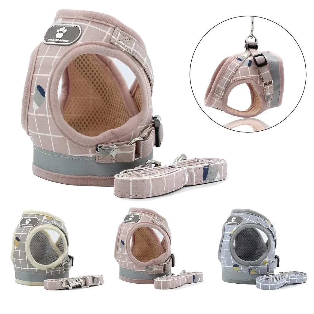 Breathable mesh small dog harness and leash set in grey with reflective strips, five sizes