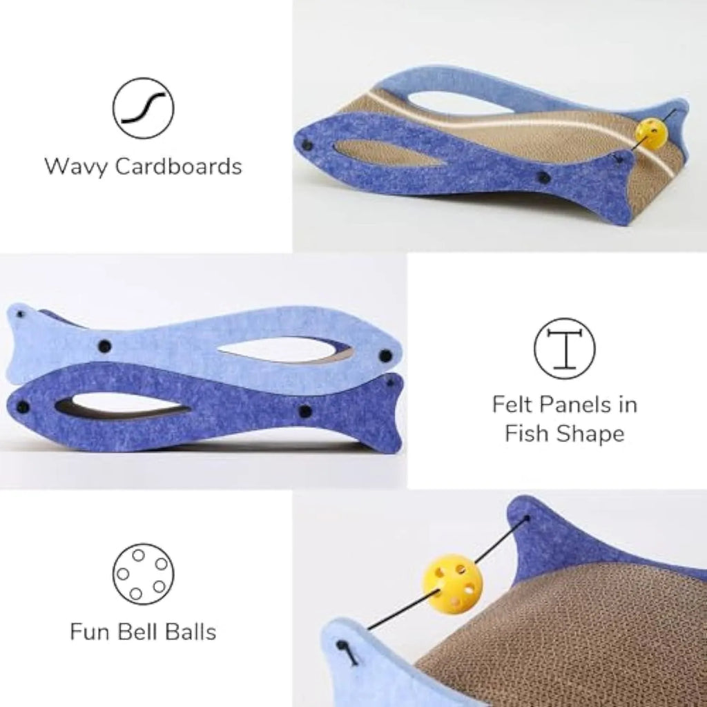 Blue fish-shaped cardboard cat scratcher lounge with bell toys on elastic cord