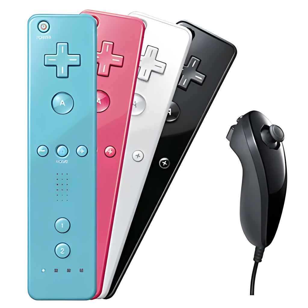 Wii left and right wireless gamepad controllers with rubber sleeve on right controller