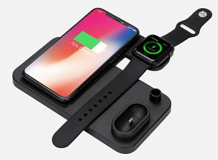 4-in-1 wireless charging station with adjustable stand charging iPhone, Apple Watch, and AirPods
