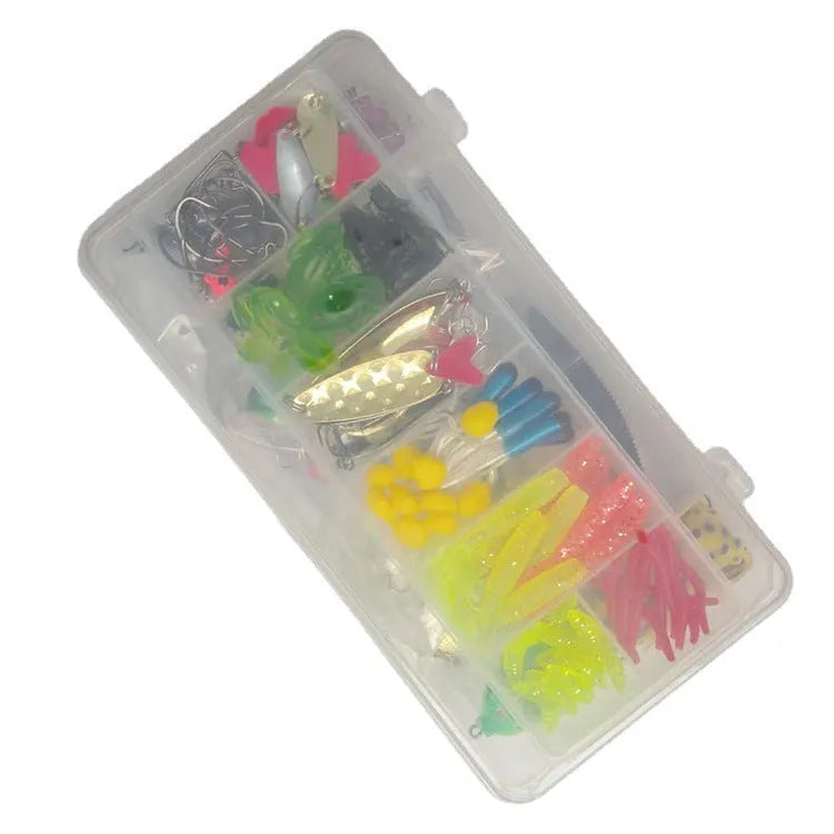 142-piece fishing lure suit set with hard mino sequins, metal hooks, and plastic lures arranged in case