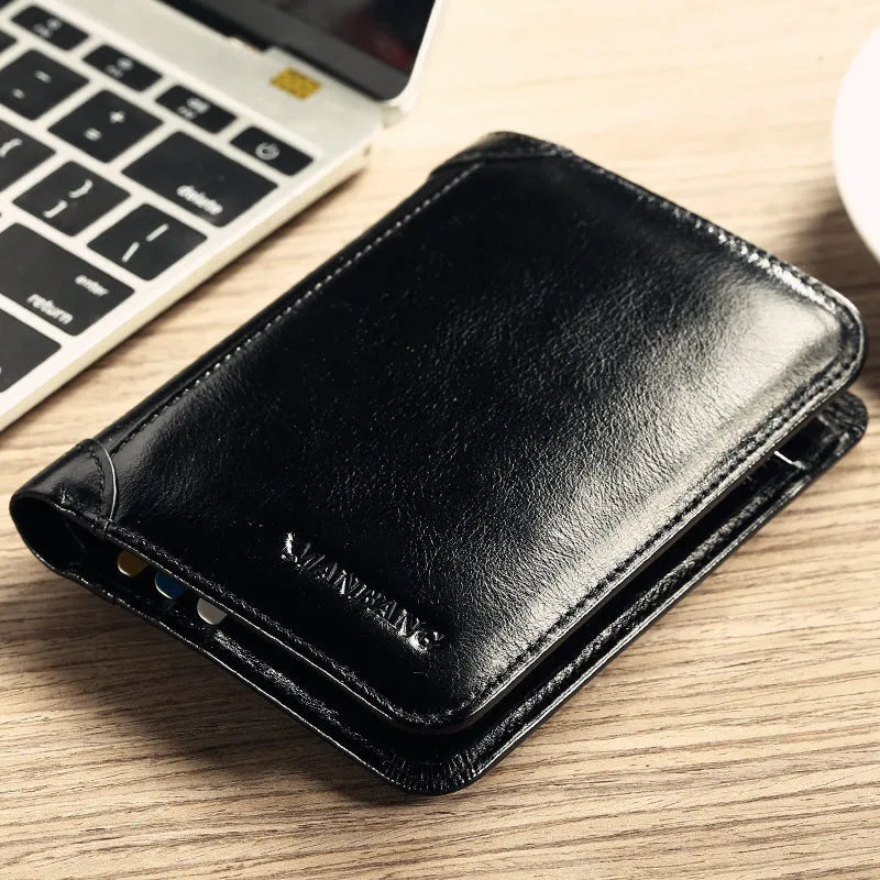 Men's leather wallet showing multiple compartments including banknote folder and card slots