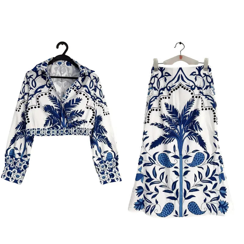 Women's early spring casual co-ord set featuring a long sleeve top and long skirt in picture colour.