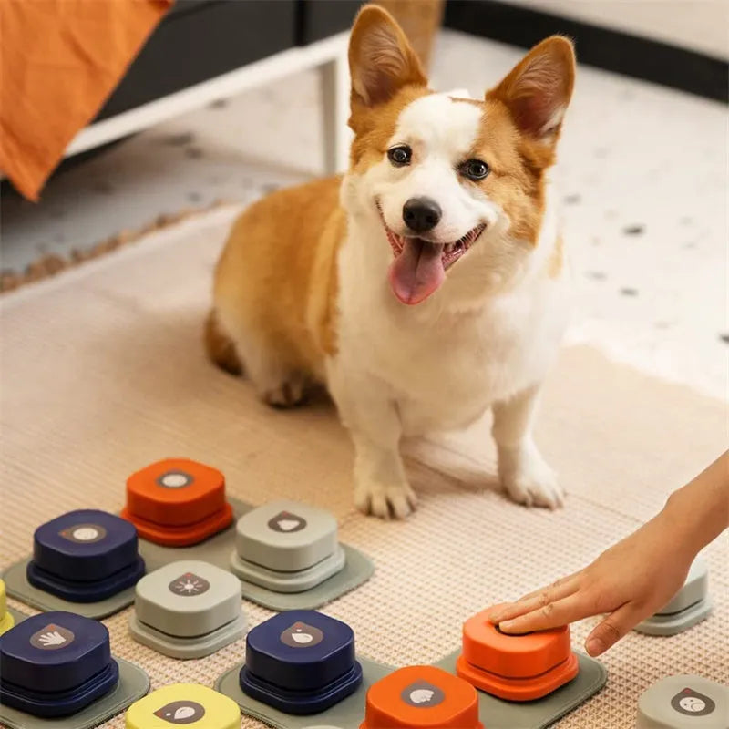 Pet communication button in orange, blue, grey and yellow with mats, 8.5cm ABS plastic recordable dog talking toy