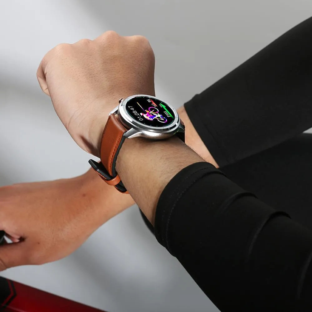 LEMFO LF26 smart bracelet in brown and black with 1.3-inch touchscreen displayed.
