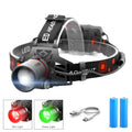 Rechargeable T6 LED zoom headlamp showing white, red, and green light modes on a head strap.