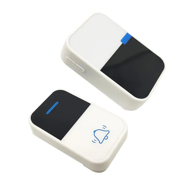 Modern white wireless doorbell with receiver and transmitter units showing long-range 150m coverage