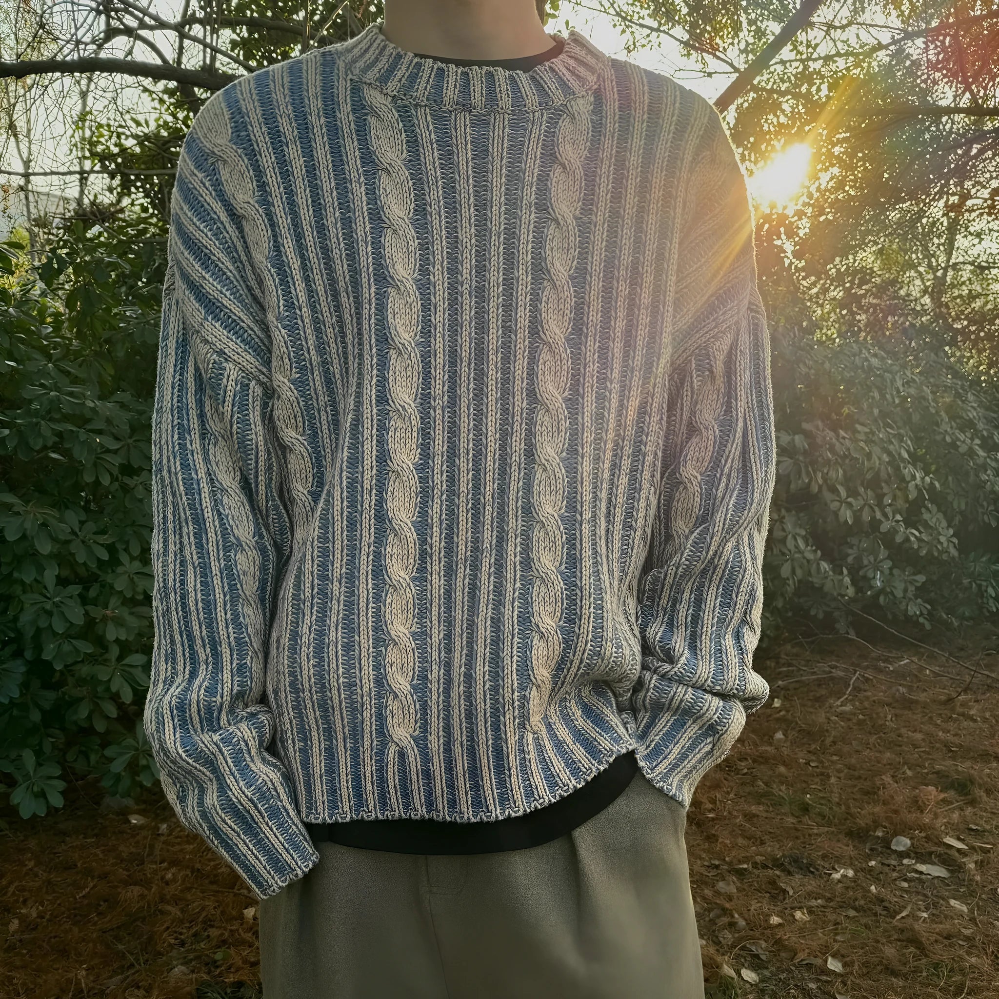 Men's blue stripes contrast colour cotton round neck loose fit casual sweater