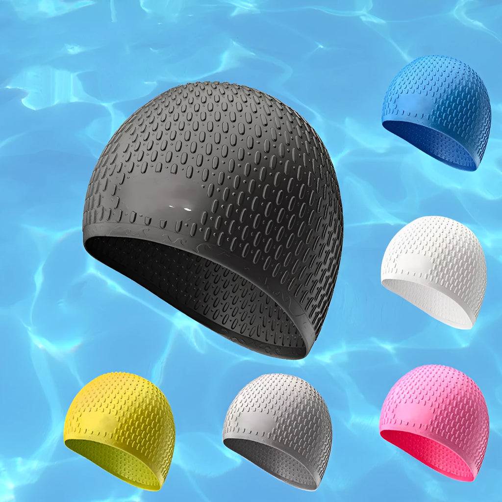 Silicone adult swimming cap in solid colour water drop design on white background.