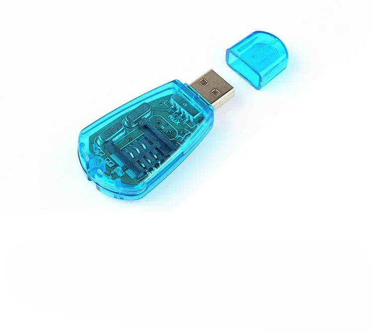 Blue USB SIM card reader for mobile phone data transfer and backup