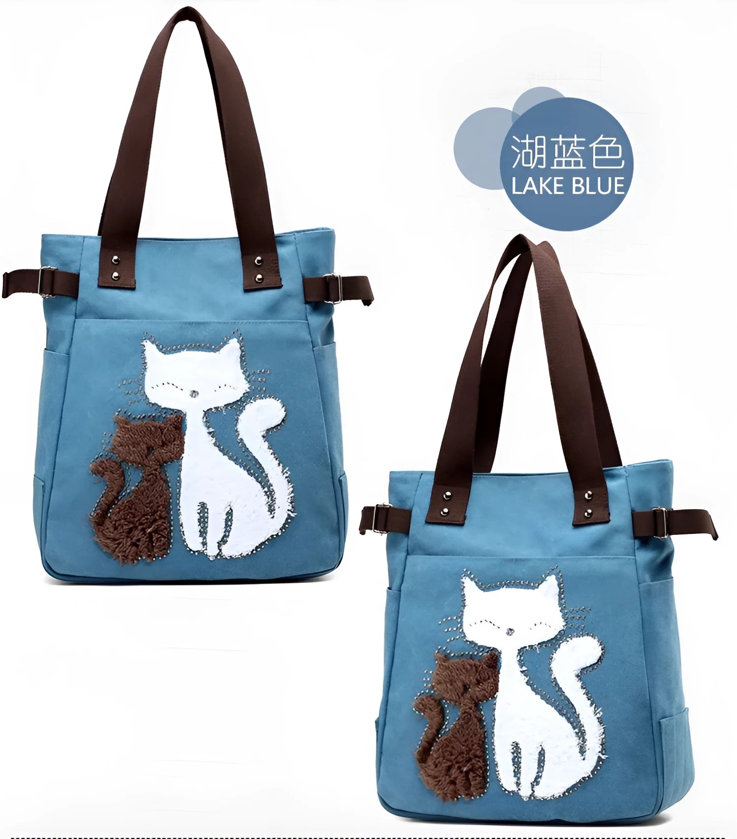 KVKY canvas handbag with plush cat applique in beige colour on a woman's shoulder