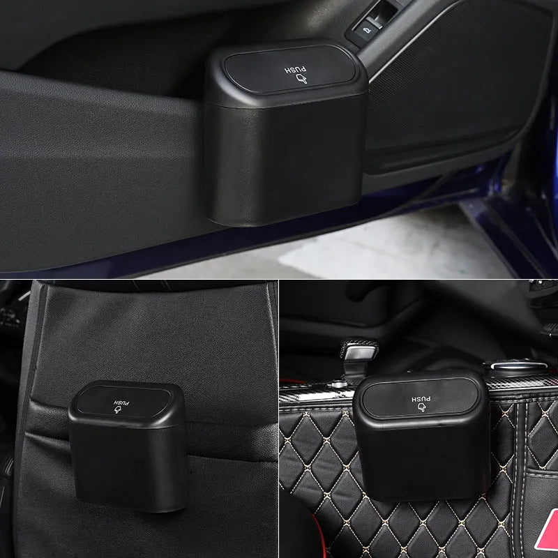 Black ABS car trash can with upturned lid and removable hook, 160x143x85mm, on car seat
