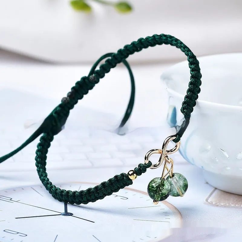Natural strawberry quartz bracelet with cherry charm and adjustable string closure