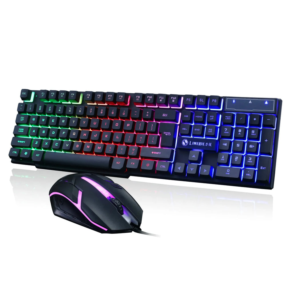 Limei Gtx300 mechanical gaming keyboard and mouse set with backlit 104-key keyboard on desktop