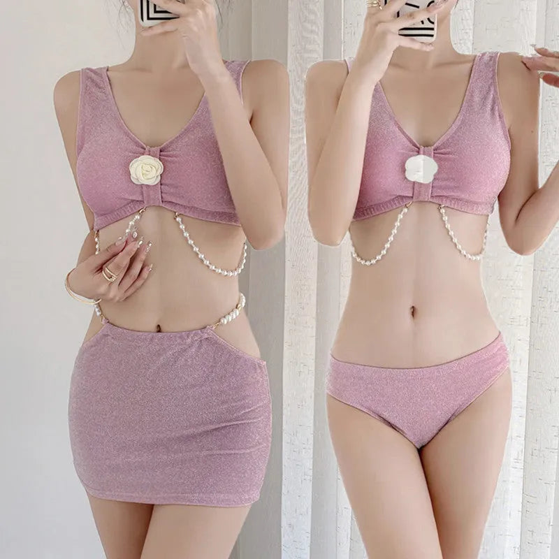 Black and pink three-piece bikini swimsuit set with polyester fabric for swimming and hot springs