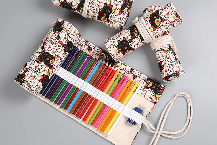 Canvas pencil wrap roll up case with elastic bands for 12-72 slots, shown in natural colour