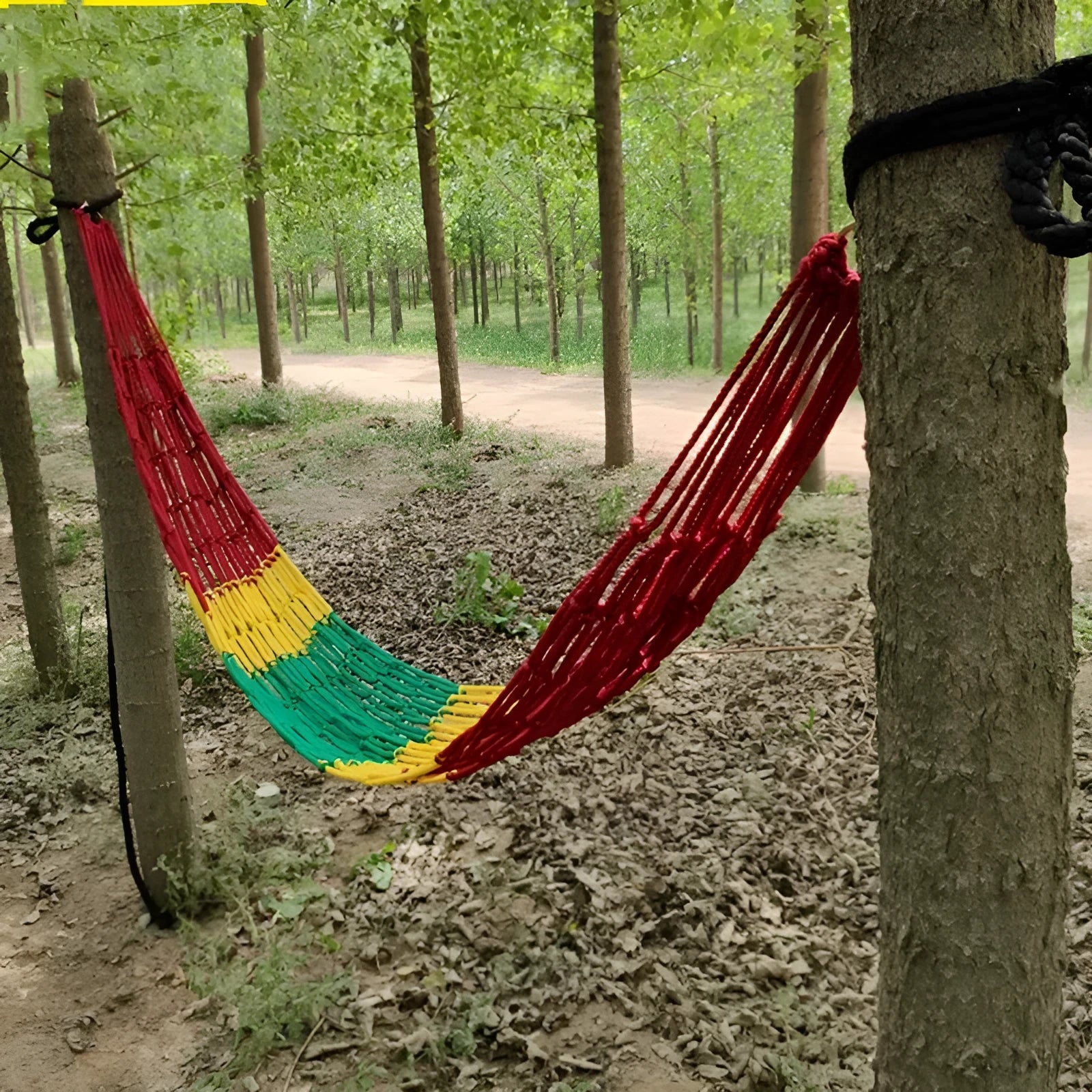 Outdoor nylon rope mesh hammock with tying materials