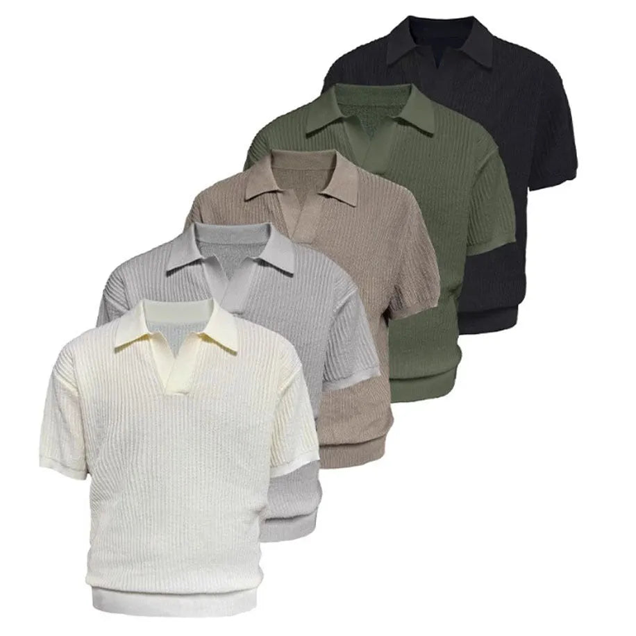 Men's creamy white short sleeve polo shirt with stripes and a loose casual fit.