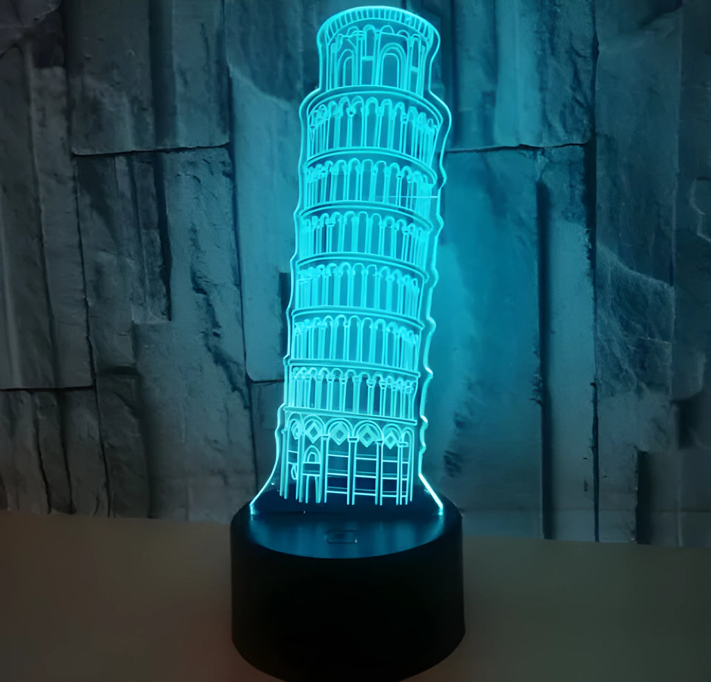 3D Leaning Tower of Pisa acrylic night light on black ABS base, displaying blue LED illumination.