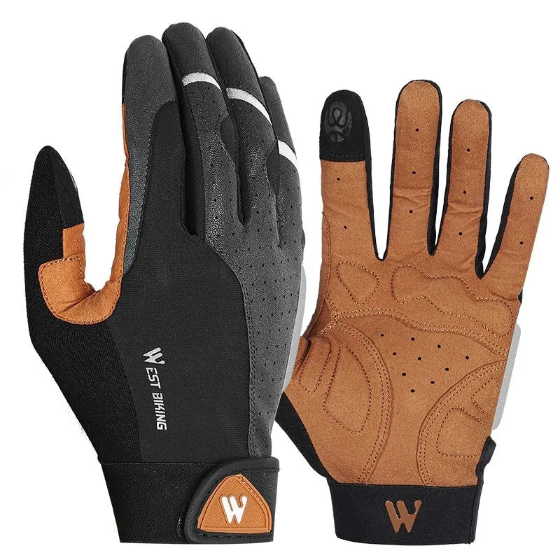 Black yellow motorcycle bike gloves on display showing breathable fabric and adjustable wrist strap