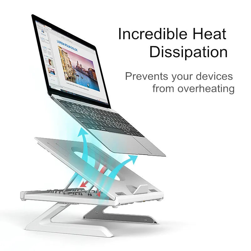 Folding laptop stand in black with 9 adjustable angles, hollow panel, and cooling knob