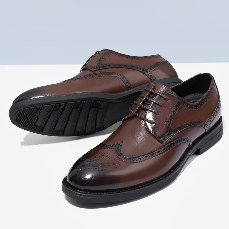 Men's black and brown brogue shoes with wingtip design and perforated detailing for business wear