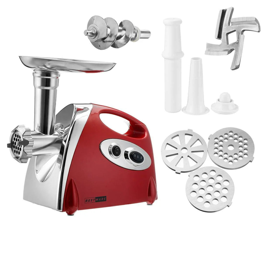 Red electric meat grinder with 800W motor and food grade aluminium alloy body on kitchen counter