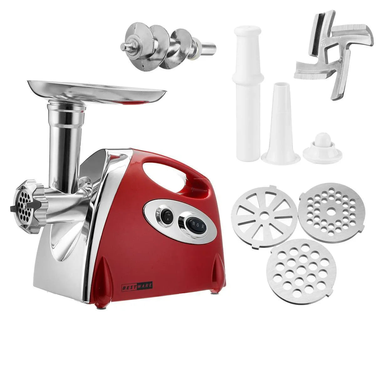 Red electric meat grinder with 800W motor and food grade aluminium alloy body on kitchen counter