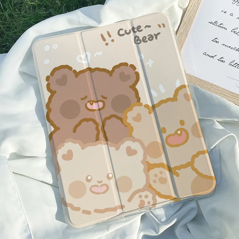 Silicone tri-fold iPad protective case with rabbit cartoon design, shown in stand mode.
