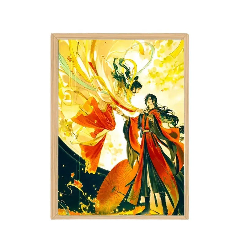 Wooden framed decorative painting of Huacheng and Xie Lian from Tian Guan Ci Fu with USB light option