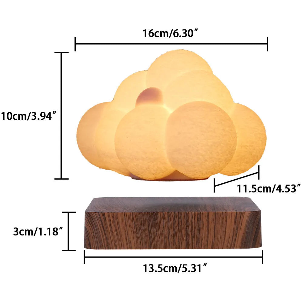 Magnetic levitation cloud lamp with 3D-printed floating cloud and touch control base in warm colour