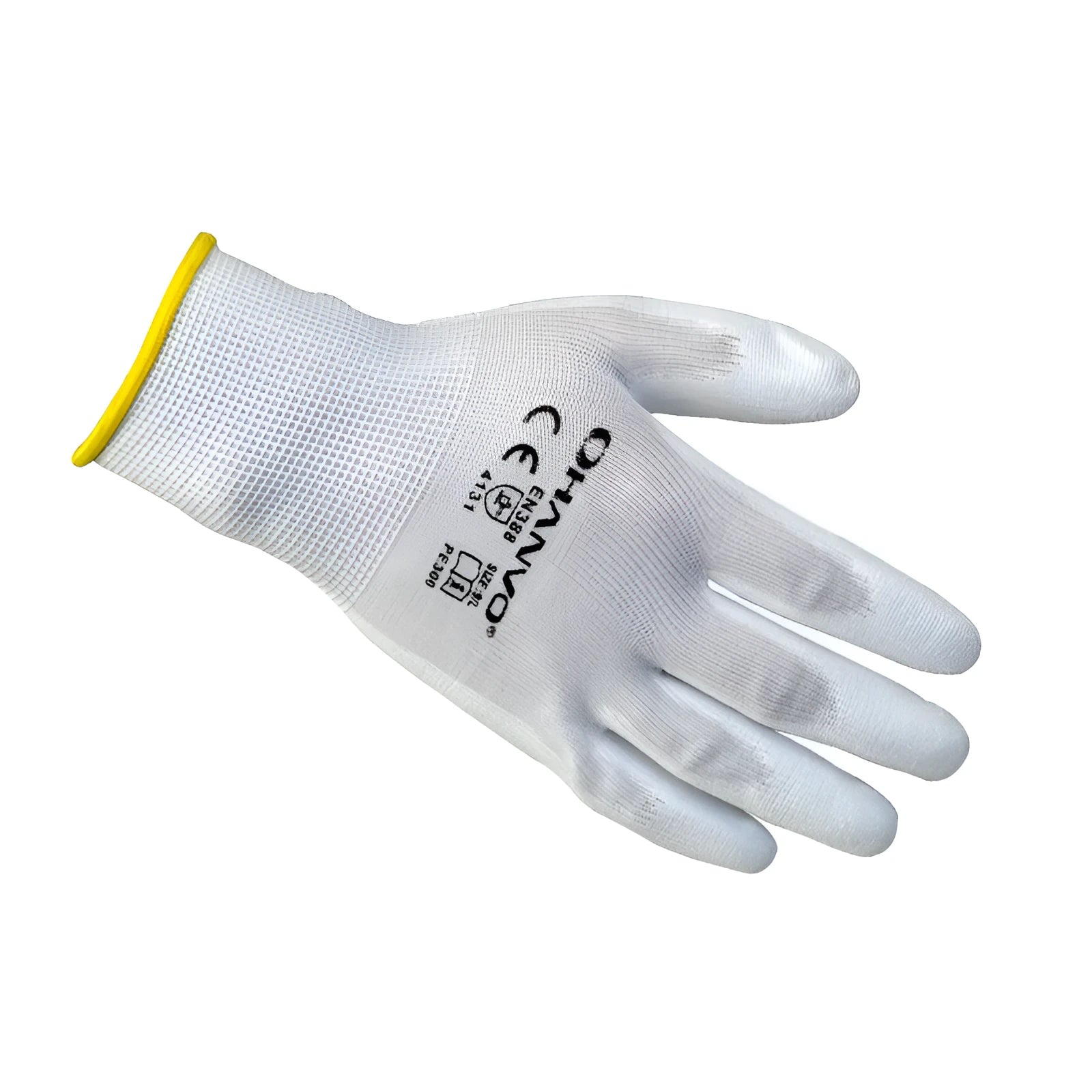White PU coated labour gloves showing flexible design and 24 cm length.
