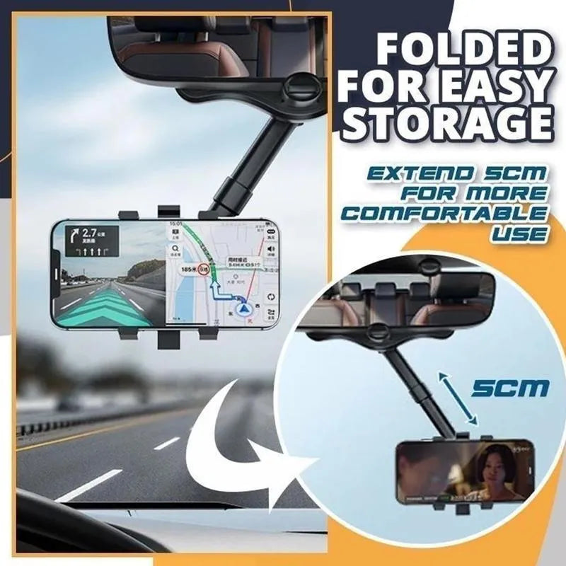 Black rearview mirror car phone holder with 360-degree rotation and retractable arm