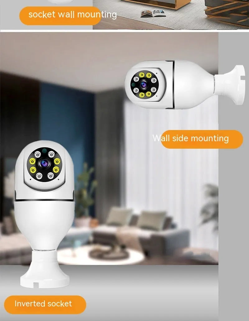 White wireless bulb security camera showing dimensions of 5cm by 12cm for indoor and outdoor use.