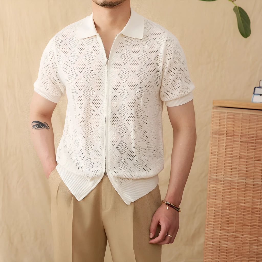 Cotton lapel cardigan top with zip front closure in light brown colour on hanger