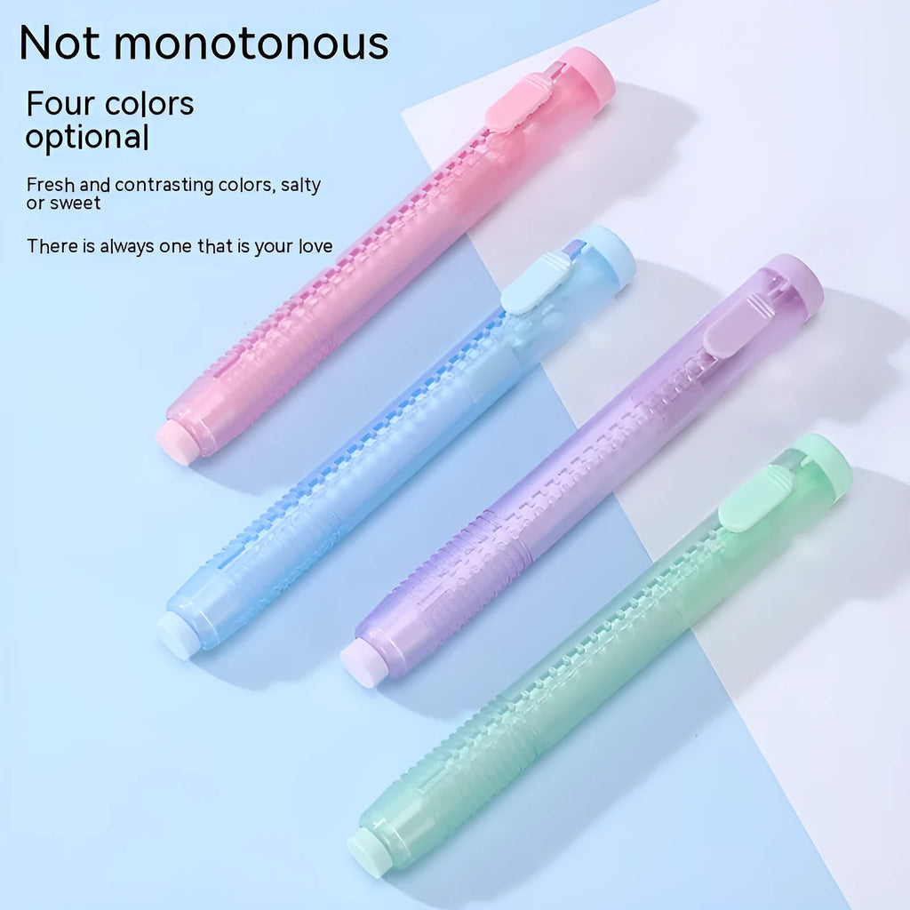 Push-type automatic children's eraser in four colour options showing traceless thin rubber and PVC construction