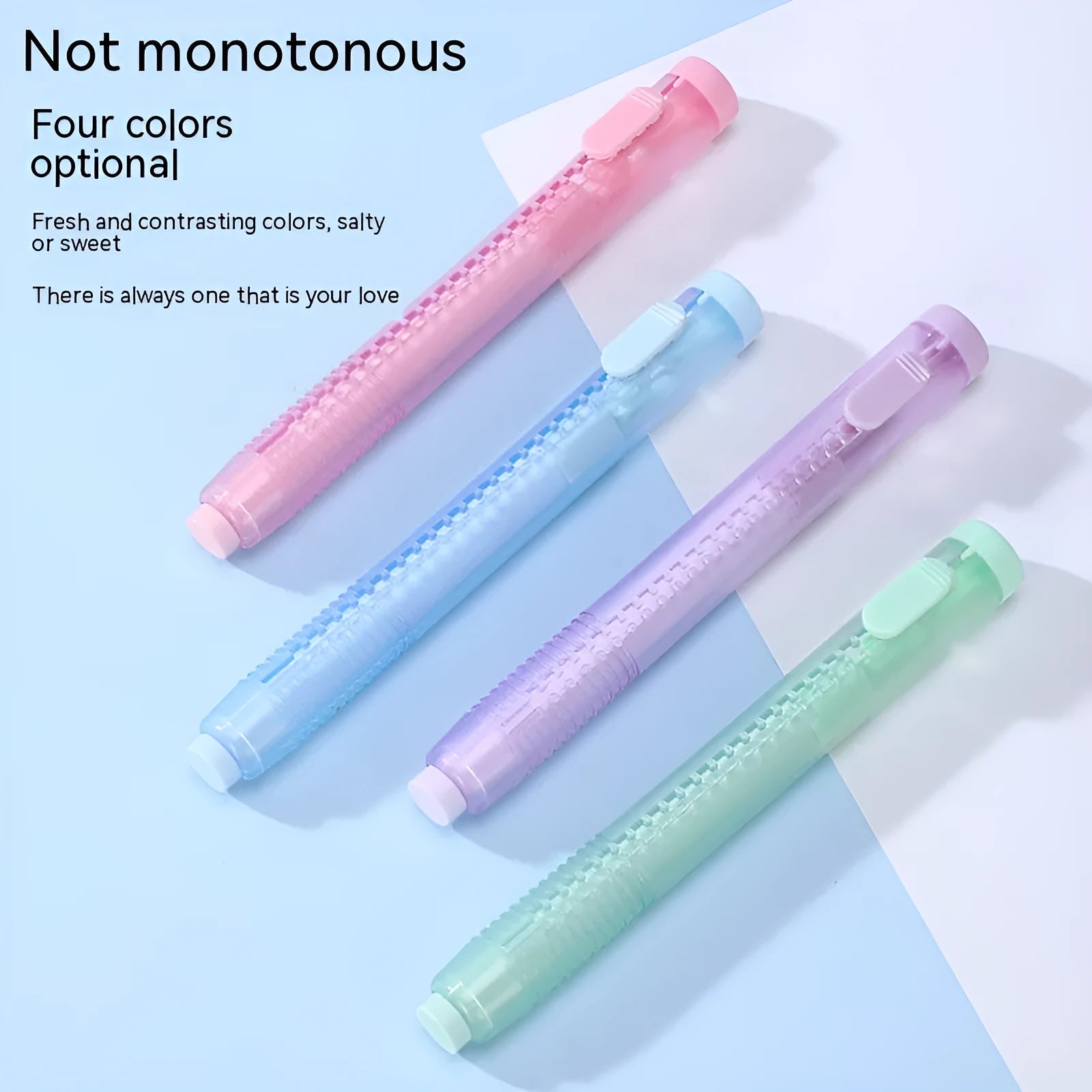 Push-type automatic children's eraser in four colour options showing traceless thin rubber and PVC construction
