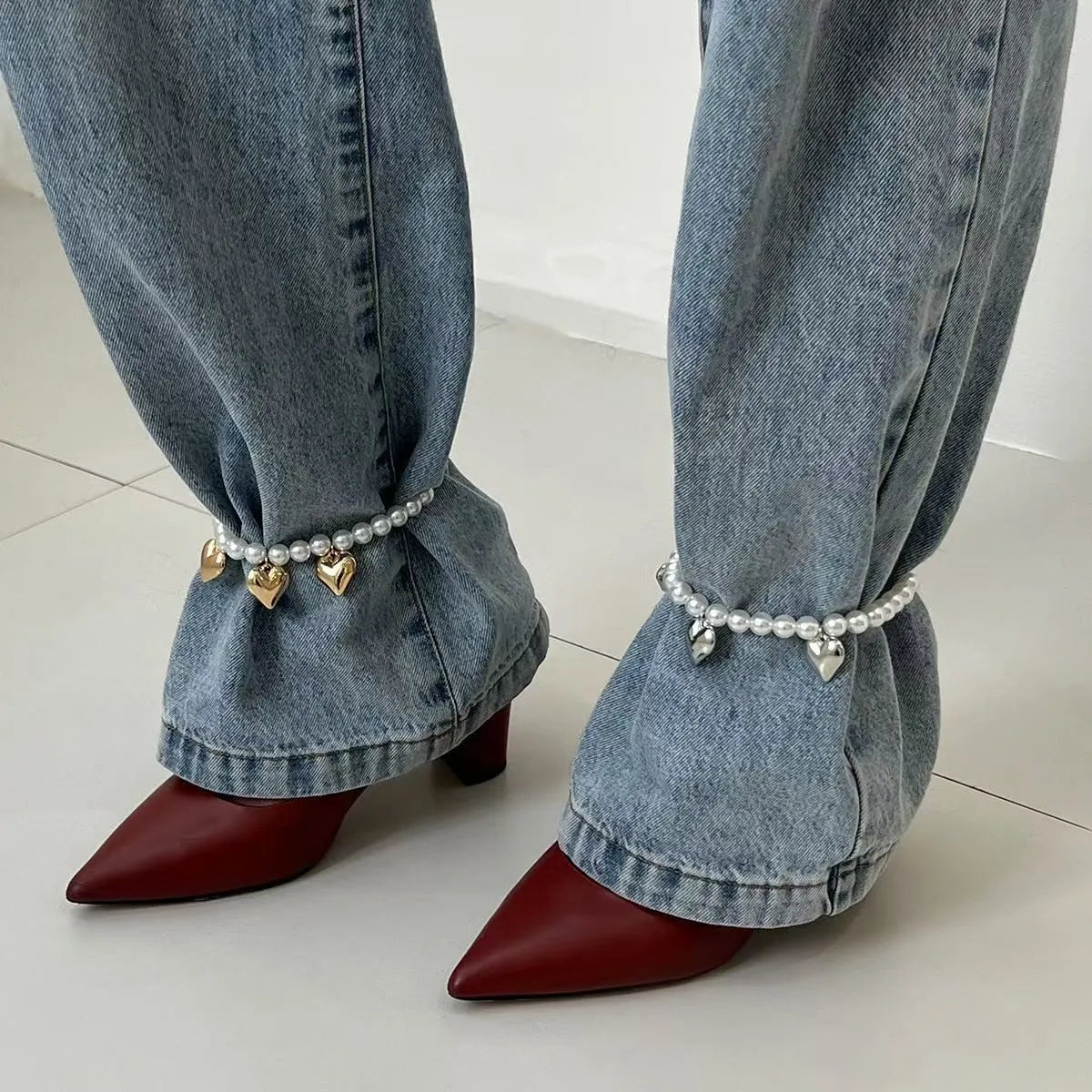 Heart-shaped pearl beaded jeans chain in mixed colour, plastic resin women's accessory