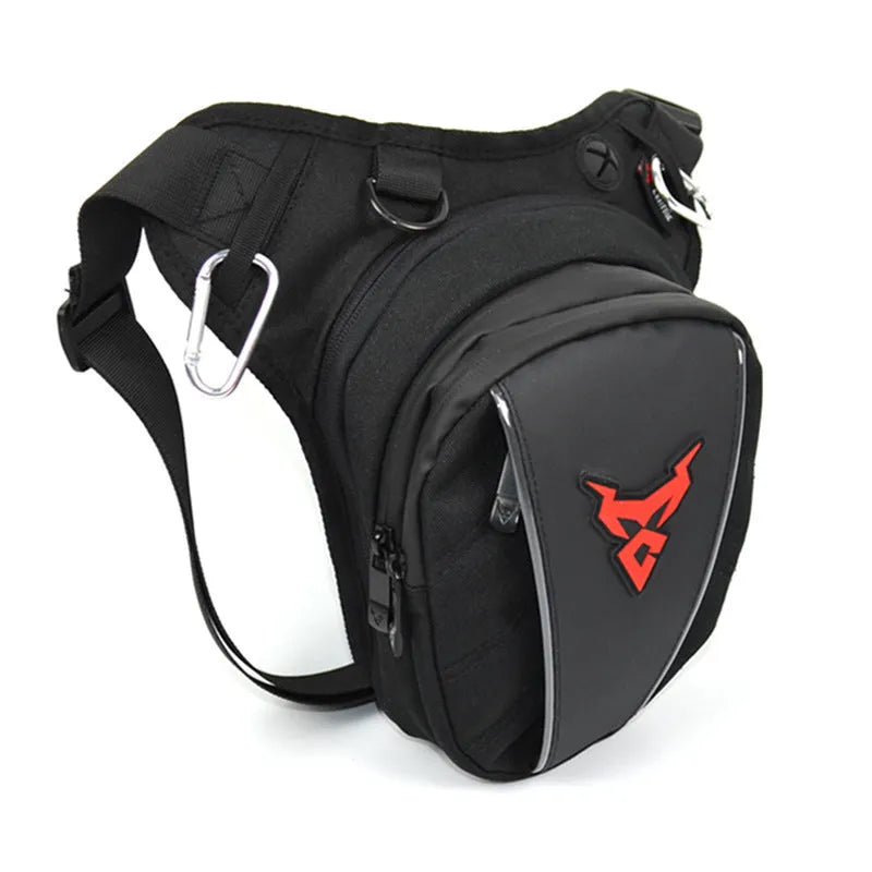 Motorcycle riding crossbody leg bag in 1200D Oxford cloth with adjustable straps, measuring 29x29x10-15cm