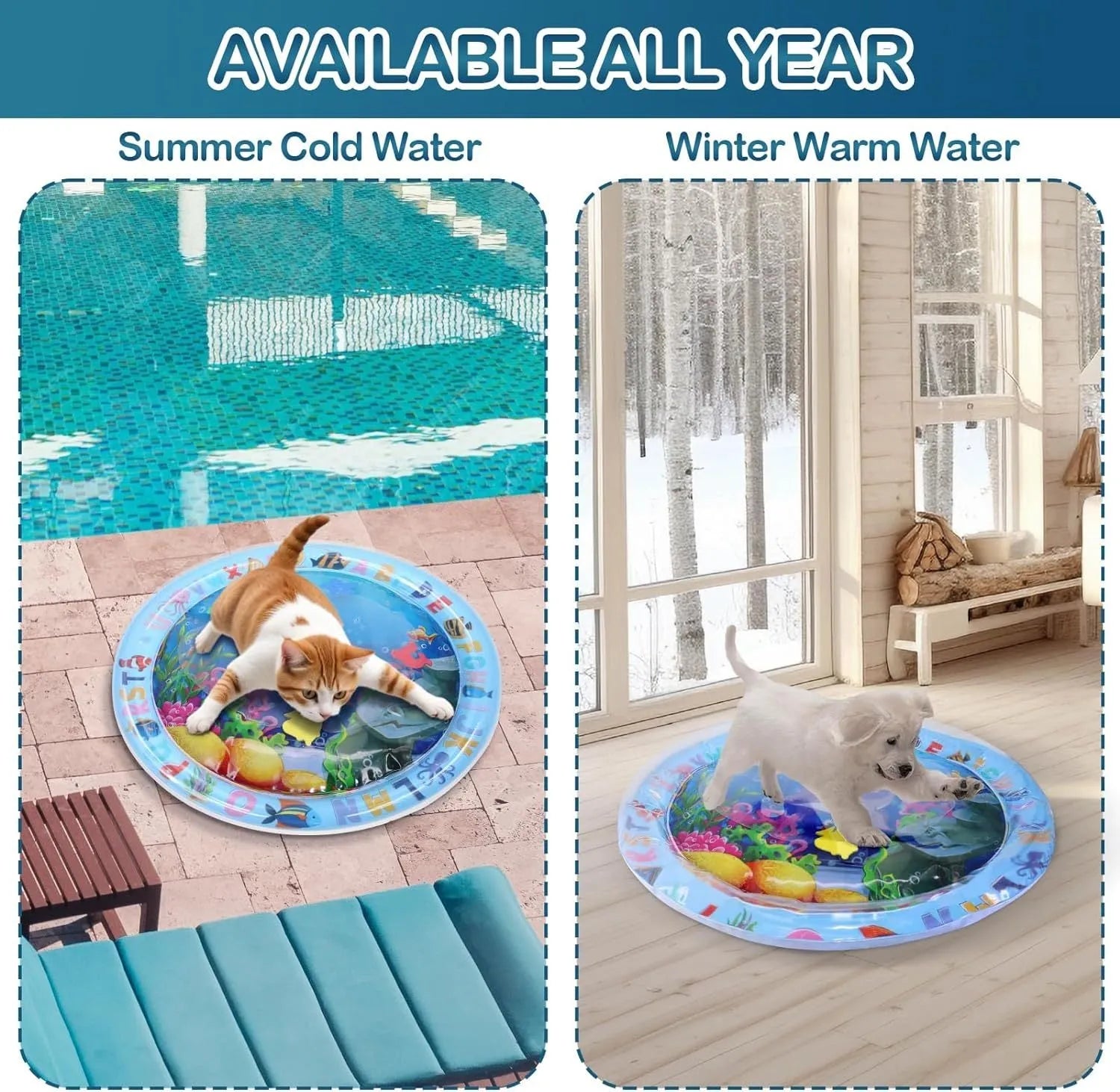 Thickened PVC water playmat for cats and dogs on floor with floating fish toys inside.