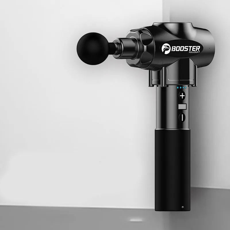 Black and white cordless muscle massage gun with adjustable speed settings
