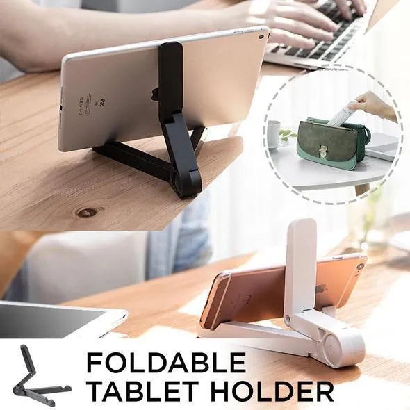 Foldable tablet holder in black showing adjustable angle stand for phone or tablet