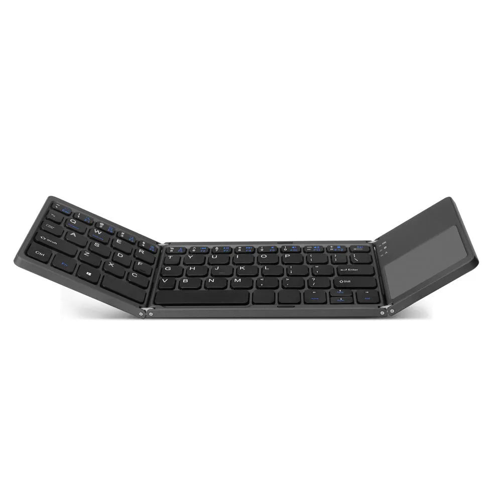 Tri-fold folding Bluetooth keyboard with touchpad in black or silvery white, shown folded and unfolded