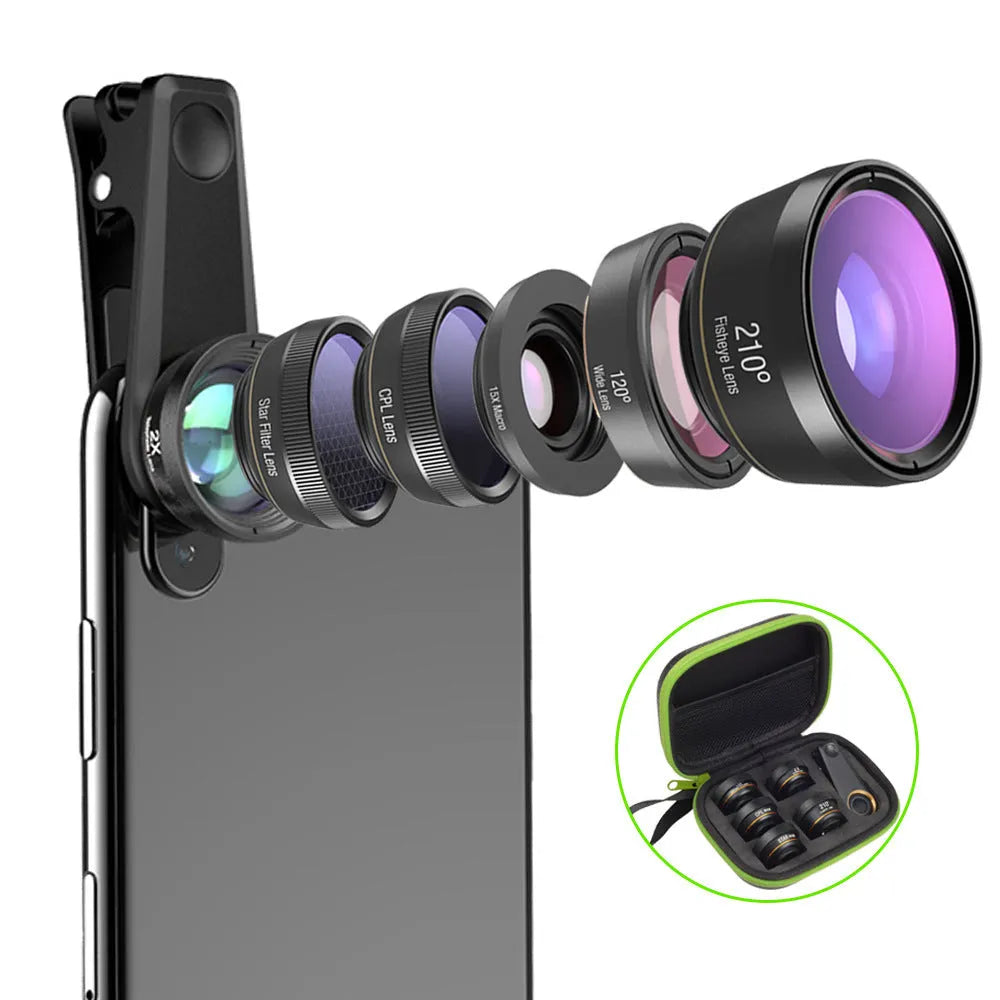 6-in-1 universal smartphone camera lens kit showing fisheye, wide angle, macro and telephoto lenses in black aluminium housings