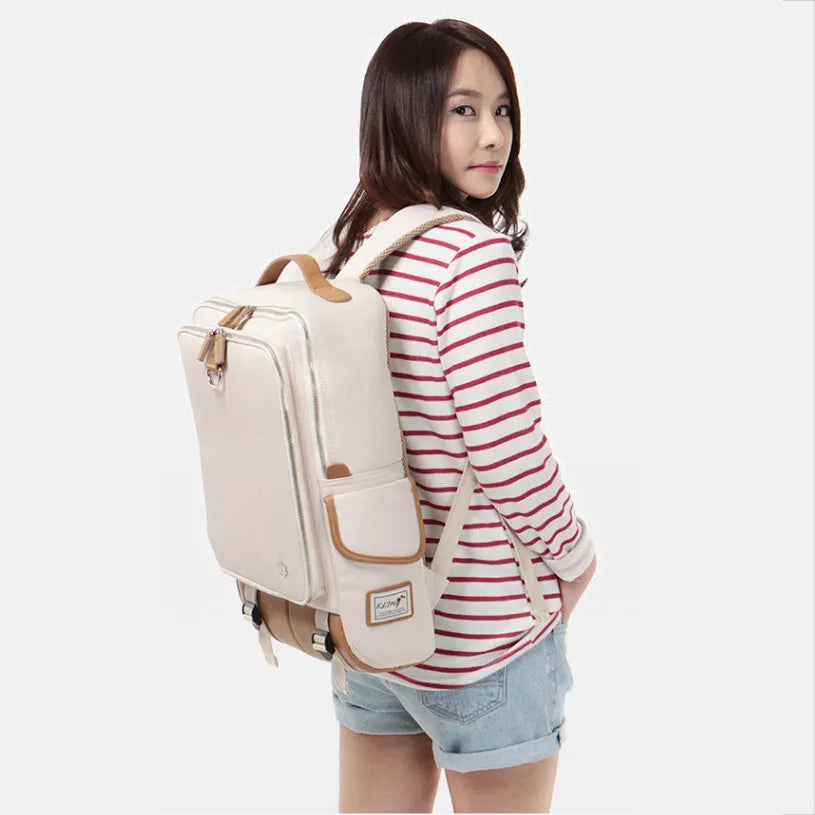Korean-style men's Oxford cloth backpack in Army Green, showing its large capacity and dimensions.