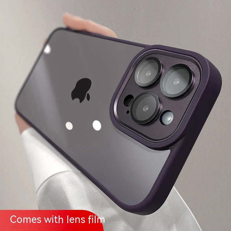 Transparent acrylic phone case with lens protector for iPhone, showing drop-resistant design and multiple colour options including navy blue and starlight white.